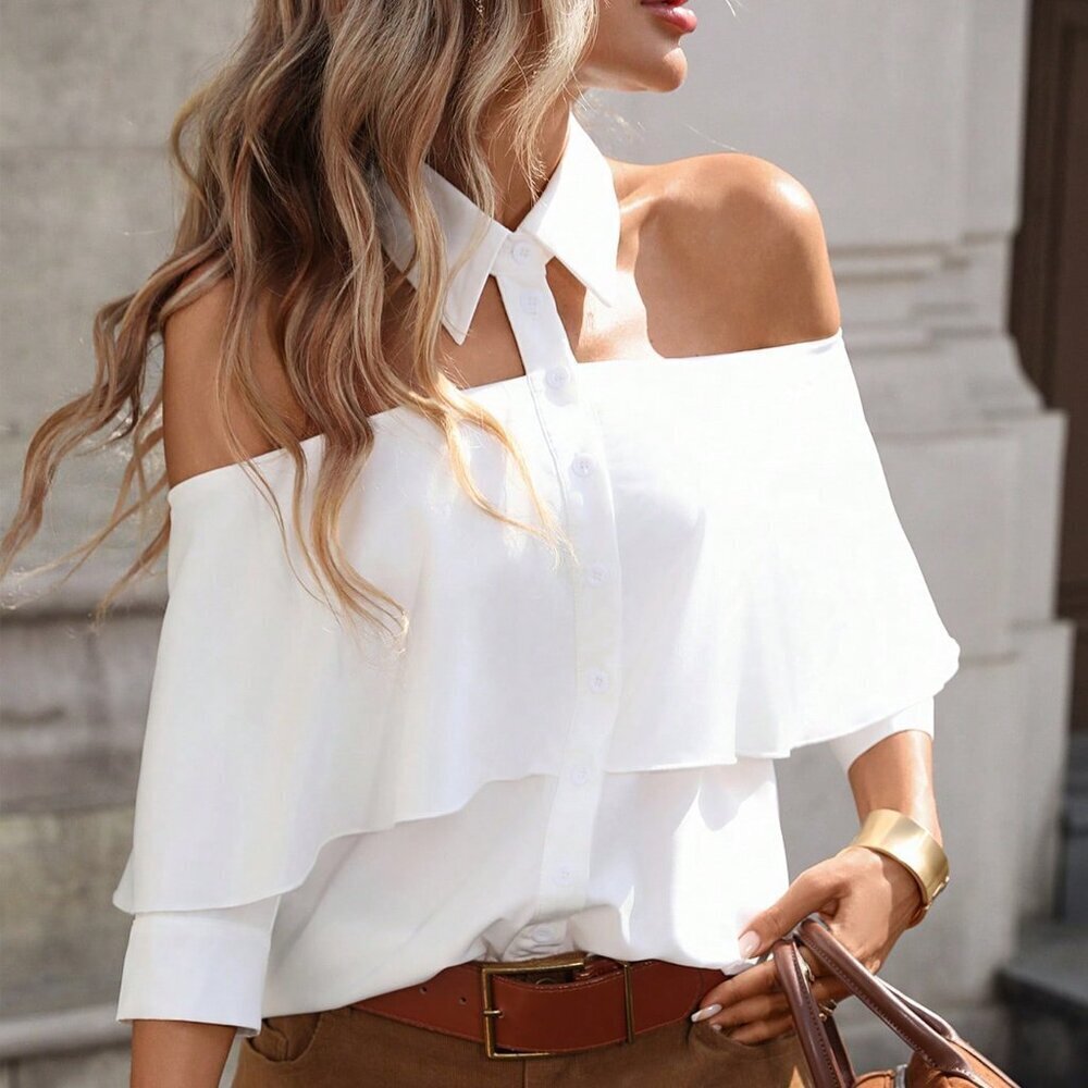 White Casual Women's Off-Shoulder Long Sleeve Blouse - Picture 6 of 6